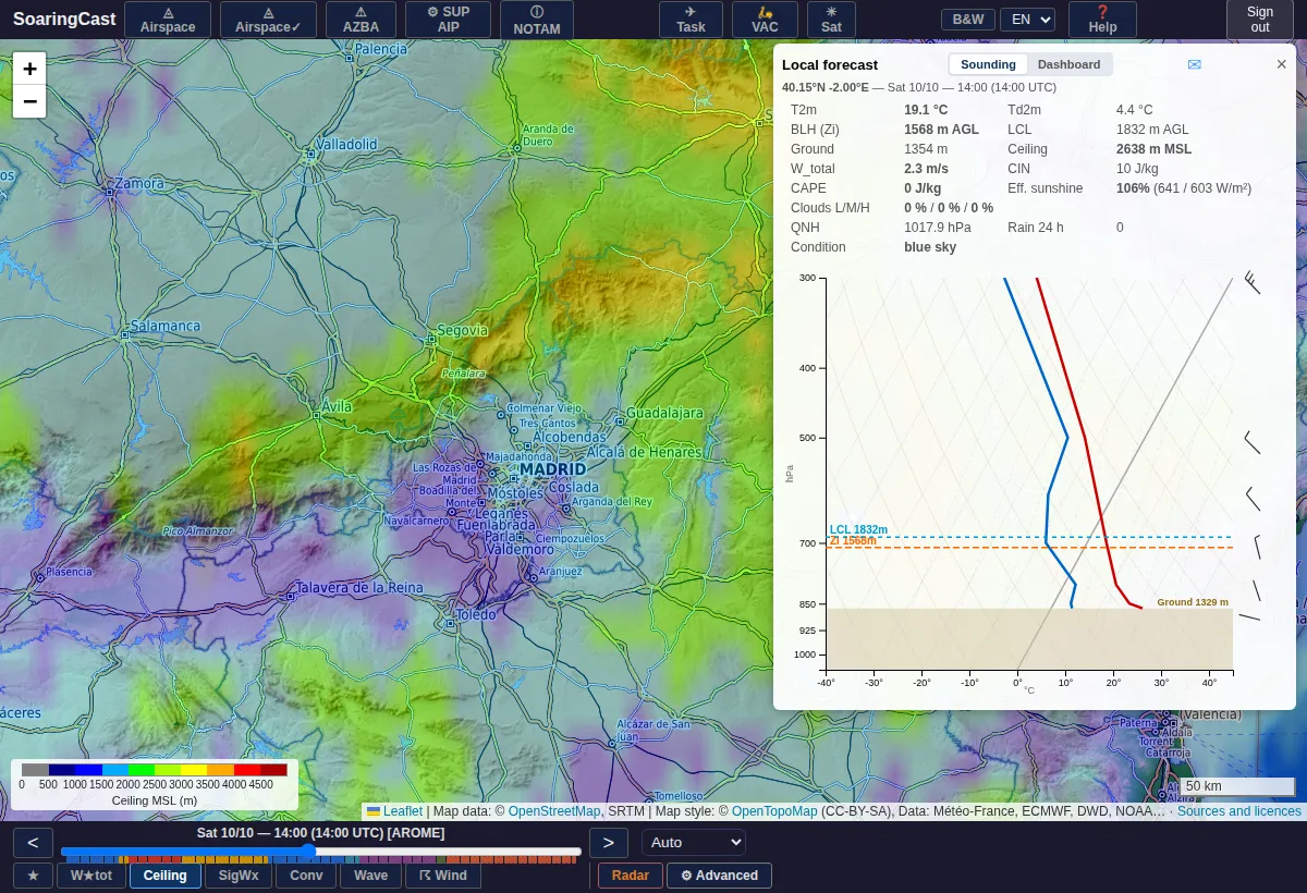 Forecast sounding in one click, with cumulus base and ceiling.