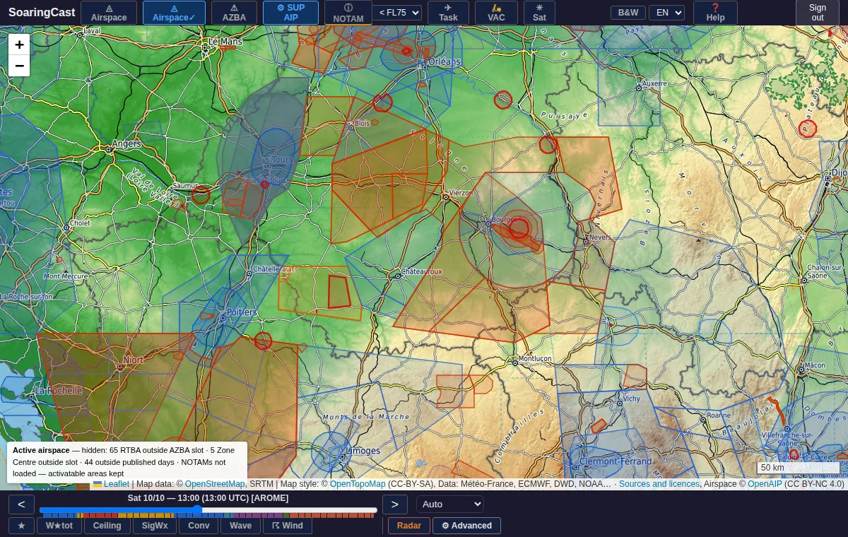 Today's active areas and AIP supplements over central France.