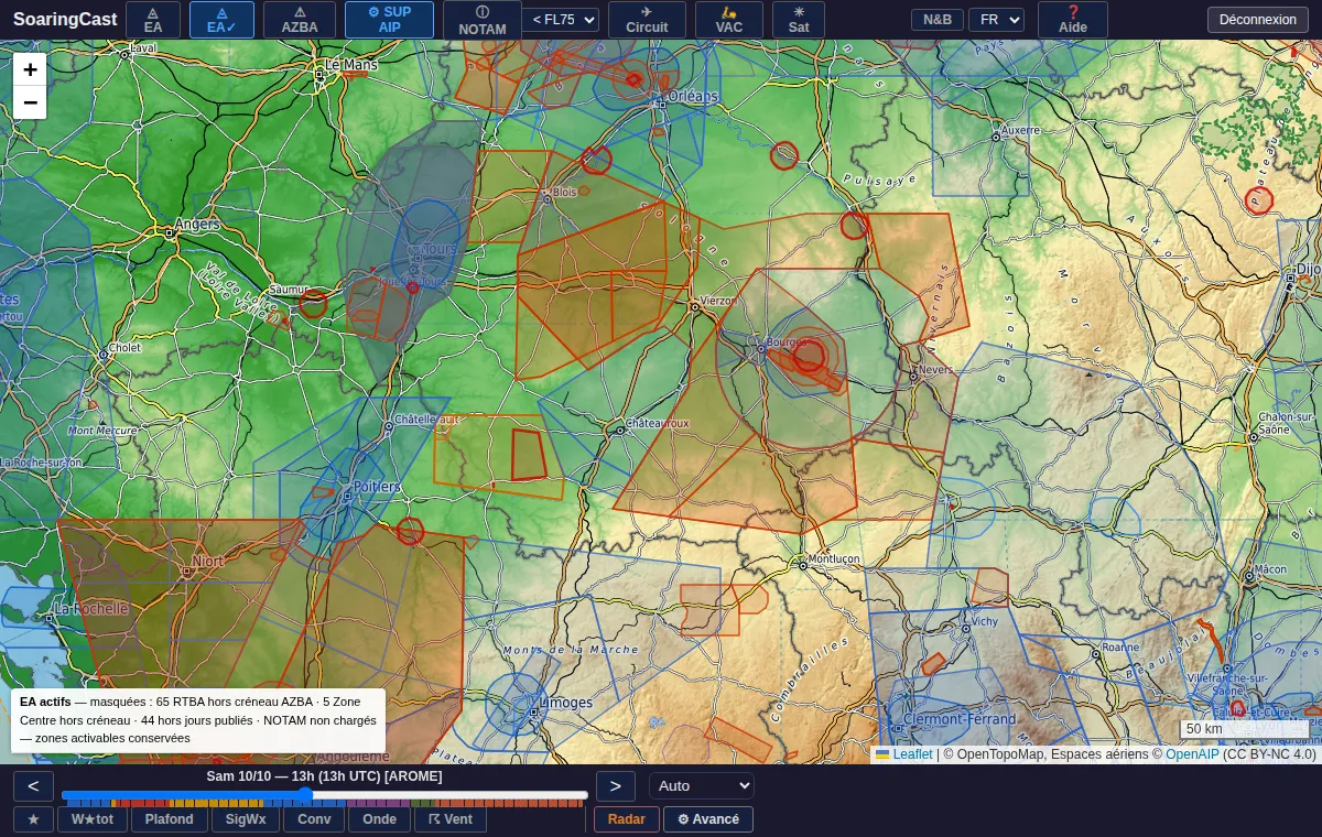 Zones actives du jour et SUP AIP sur le centre de la France.